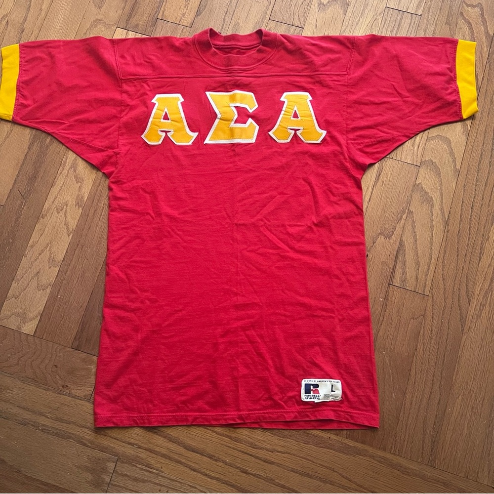Vintage 1980s Alpha Sigma Alpha ΑΣΑ Russell Athletics Red Gold Jersey Size L